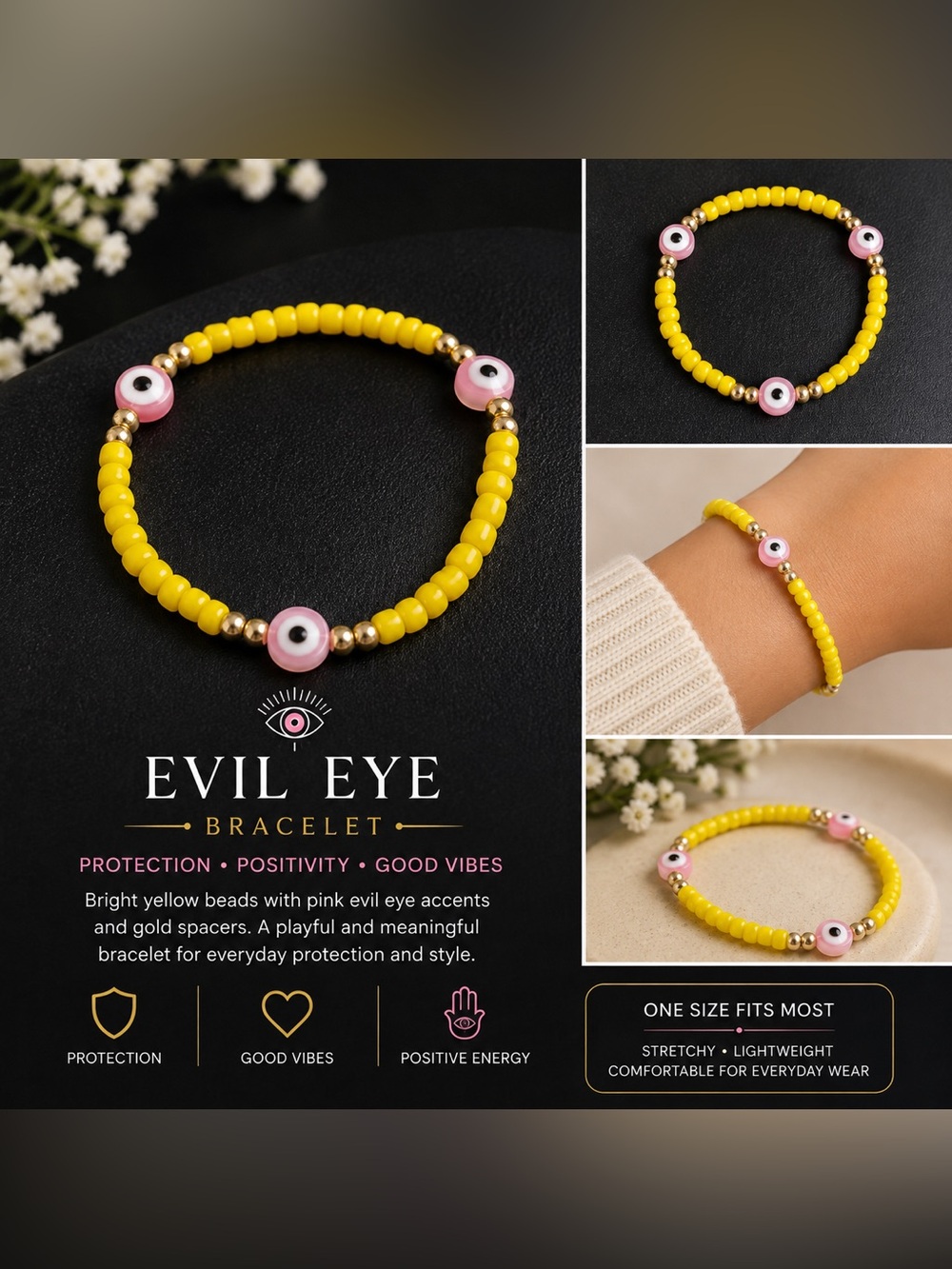 Evil Eye Beaded Stretch Bracelet - Yellow with Pink Accents #56